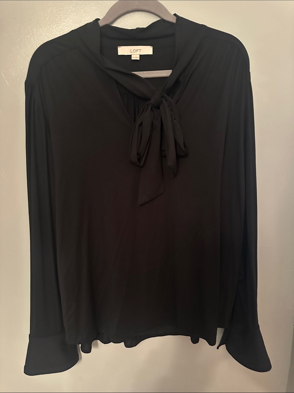 LOFT Black Tie-Neck Long-Sleeve Blouse with Flowing Cuffs